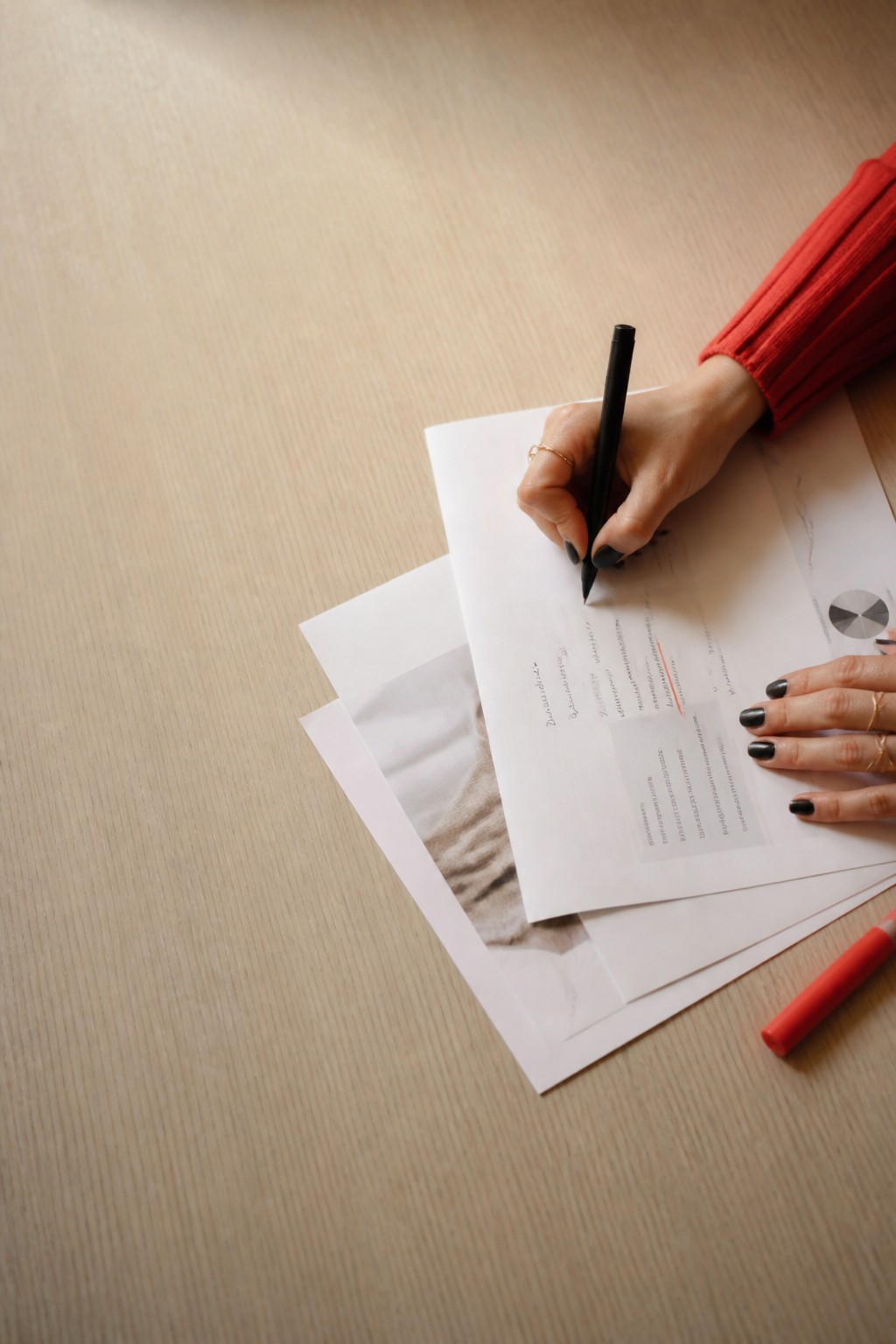 Hands annotating a strategy document with a black pen and red marker.